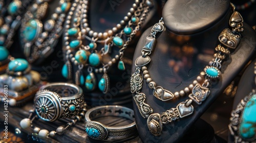 A display of unique statement jewelry including chunky silver rings and necklaces adorned with turquoise stones.