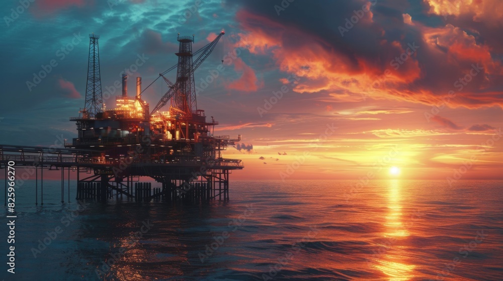 An offshore oil rig stands tall in the calm ocean during a stunning sunset, with vibrant clouds and serene waters reflecting the colors. An offshore oil rig stands tall in the calm ocean during a stunning sunset, with vibrant clouds and serene waters reflecting the colors.