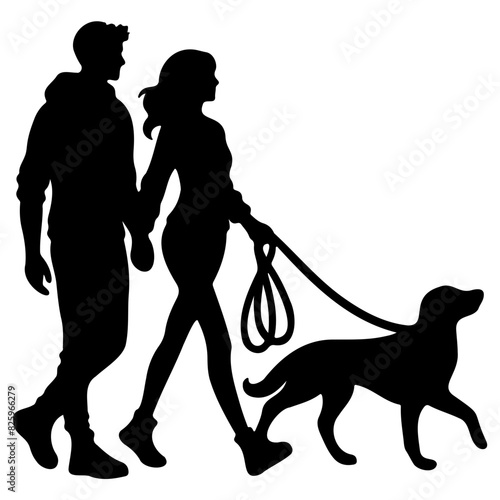 Silhouette illustration of a couple walking their dog on a leash, highlighting companionship and outdoor activity.