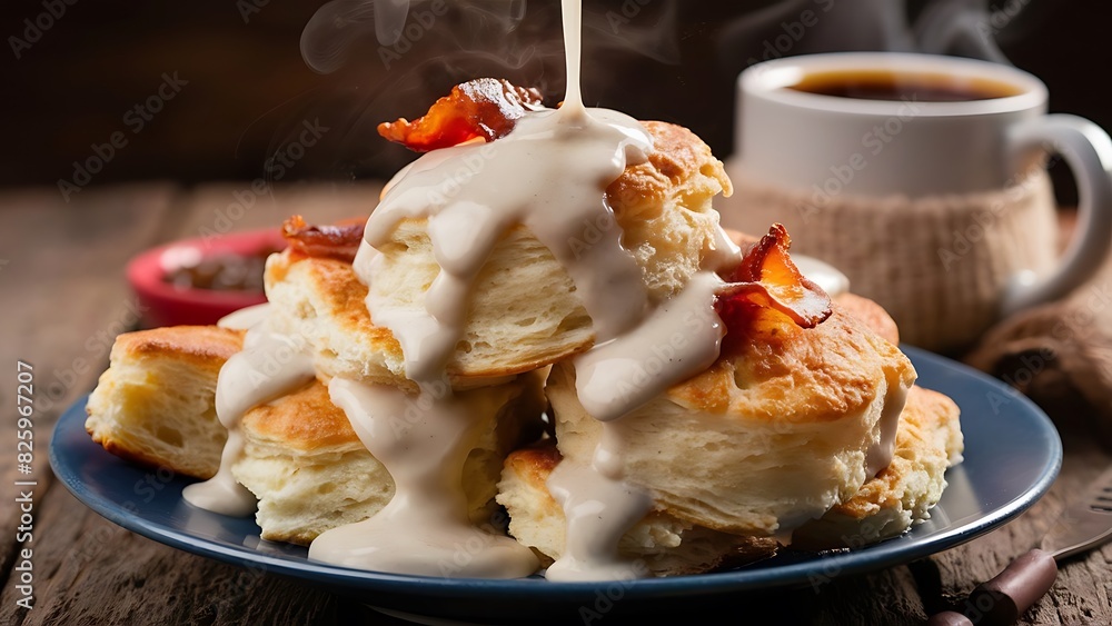 Biscuits and Gravy captured in a tantalizing food photography style Biscuits and Gravy captured in a tantalizing food photography style