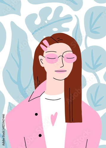 Calm girl in pink glasses, oversize shirt, white T-shirt. Relaxed, dreaming woman portrait. Tropical leaves Dopamine style poster. Long hair, cute heart, 90 s hairpins. Vector Character illustration