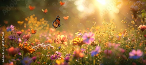 Enchanting Summer Meadow with Butterflies and Sunbeams: A vibrant meadow in full summer bloom, with a variety of wildflowers and butterflies fluttering around