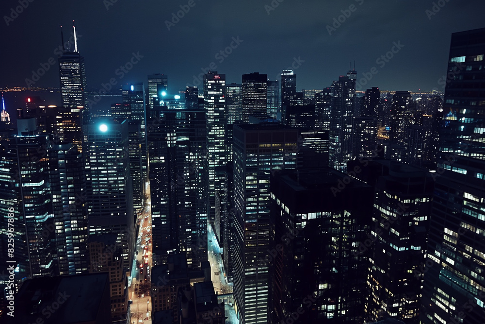 Obraz premium Aerial Night View of Skyscrapers from Drone's Perspective