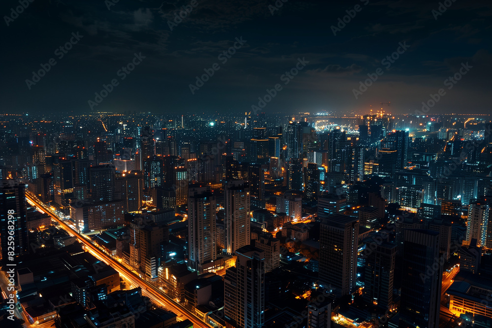 Obraz premium Aerial Night View of Skyscrapers from Drone's Perspective