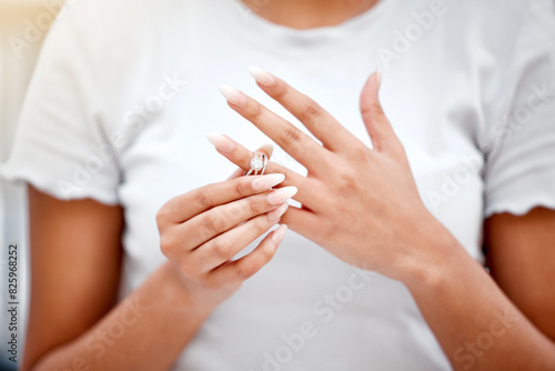 Bild auf Leinwand Hands, divorce and woman remove wedding ring for cheating, infidelity or toxic marriage problems
