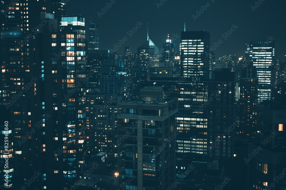 City Skyline at Night: Aerial View of Illuminated Skyscrapers City Skyline at Night: Aerial View of Illuminated Skyscrapers