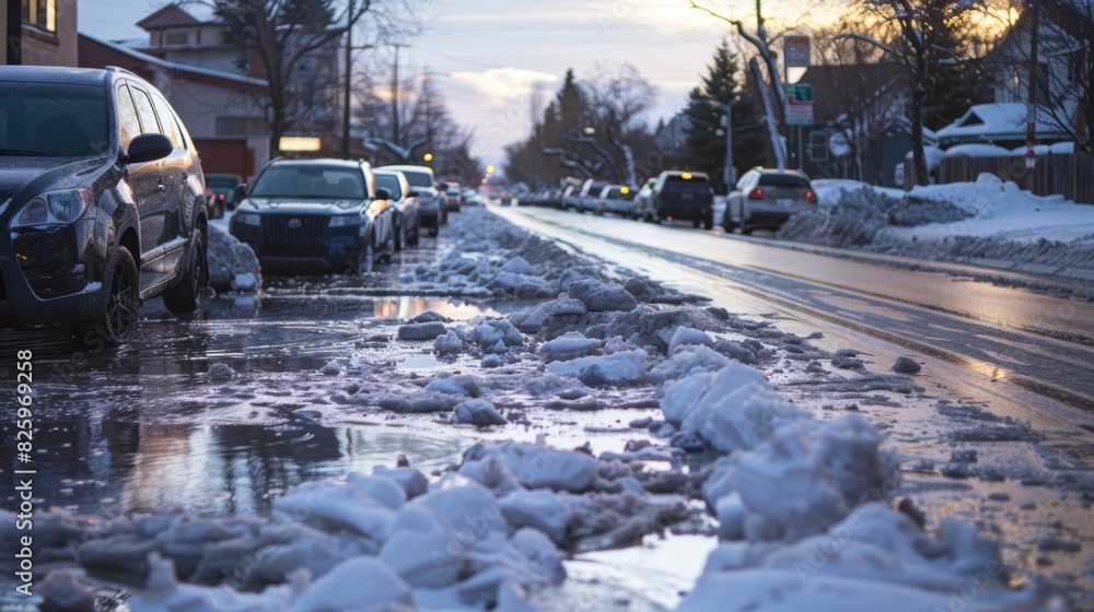 Cars and sidewalks become coated in a layer of slush as snow rapidly melts into water.
