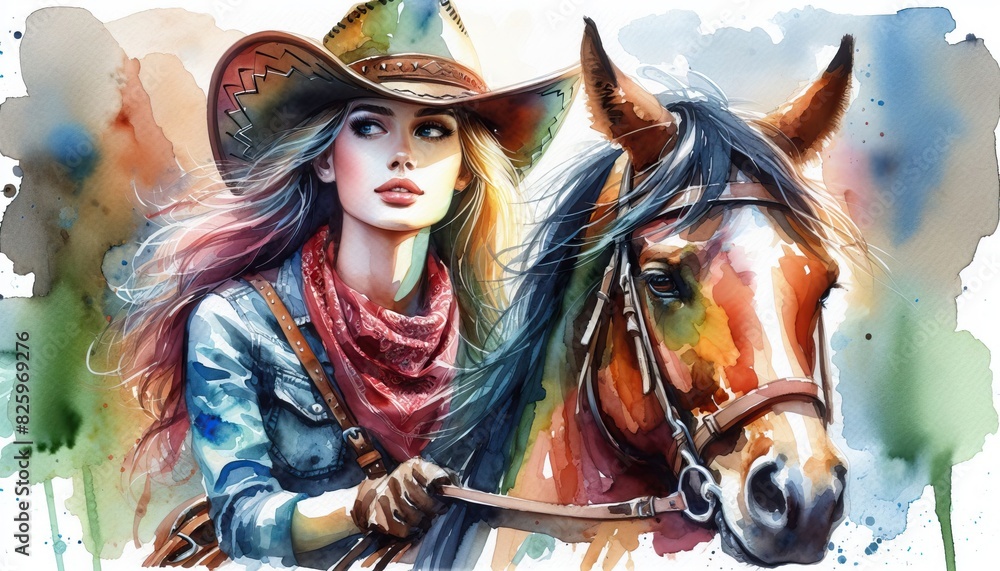 Watercolor illustration of a cowgirl riding a horse with vibrant colors and a dynamic background