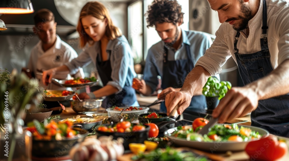 Restaurant chefs collaborating as a team to prepare dishes Restaurant chefs collaborating as a team to prepare dishes