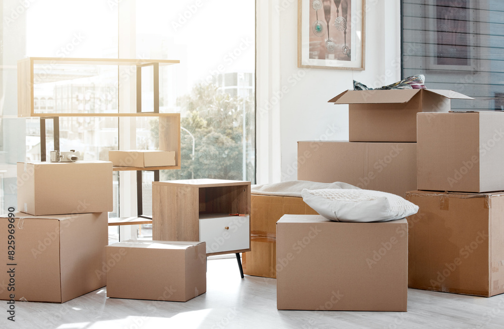 Cardboard boxes, empty home and moving logistics for mortgage investment, real estate and property. House relocation, change and packages for growth, transport and delivery to apartment for storage Cardboard boxes, empty home and moving logistics for mortgage investment, real estate and property. House relocation, change and packages for growth, transport and delivery to apartment for storage