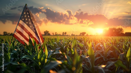 American flag waving over vibrant cornfield during a beautiful sunset, symbolizing patriotism and agriculture. Dramatic sky enhances the scene.