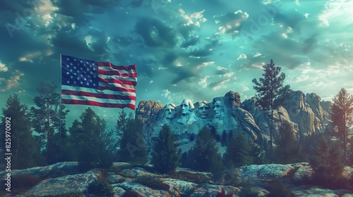 American flag waving near Mount Rushmore with a dramatic sky in the background, embodying patriotic spirit and scenic beauty.
