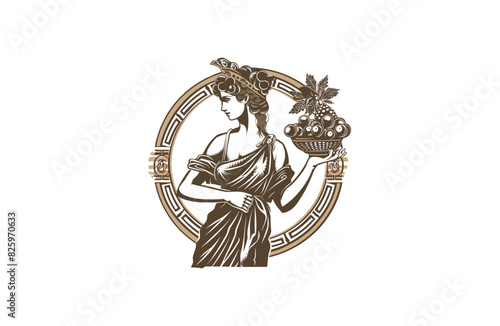 ancient roman woman holding a basket full of fruit vintage vector illustration