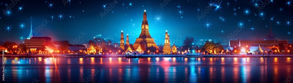A stunning night view of illuminated temples and buildings reflecting on a peaceful river in an urban cityscape under a starry sky. A stunning night view of illuminated temples and buildings reflecting on a peaceful river in an urban cityscape under a starry sky.