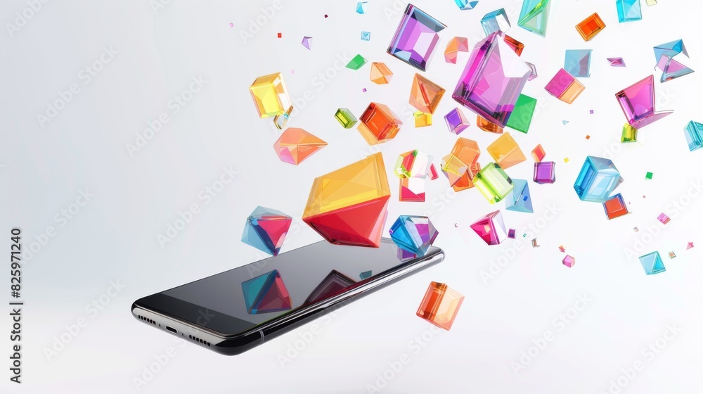 Dynamic Smartphone Entertainment: Vibrant Geometric Shapes Bursting from screen Device Dynamic Smartphone Entertainment: Vibrant Geometric Shapes Bursting from screen Device