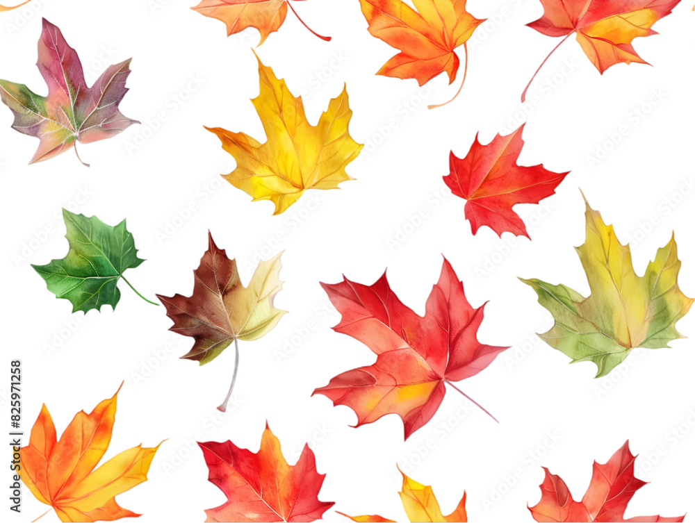 Fototapeta premium A pattern of colorful watercolor fall leaves isolated on transparent background.
