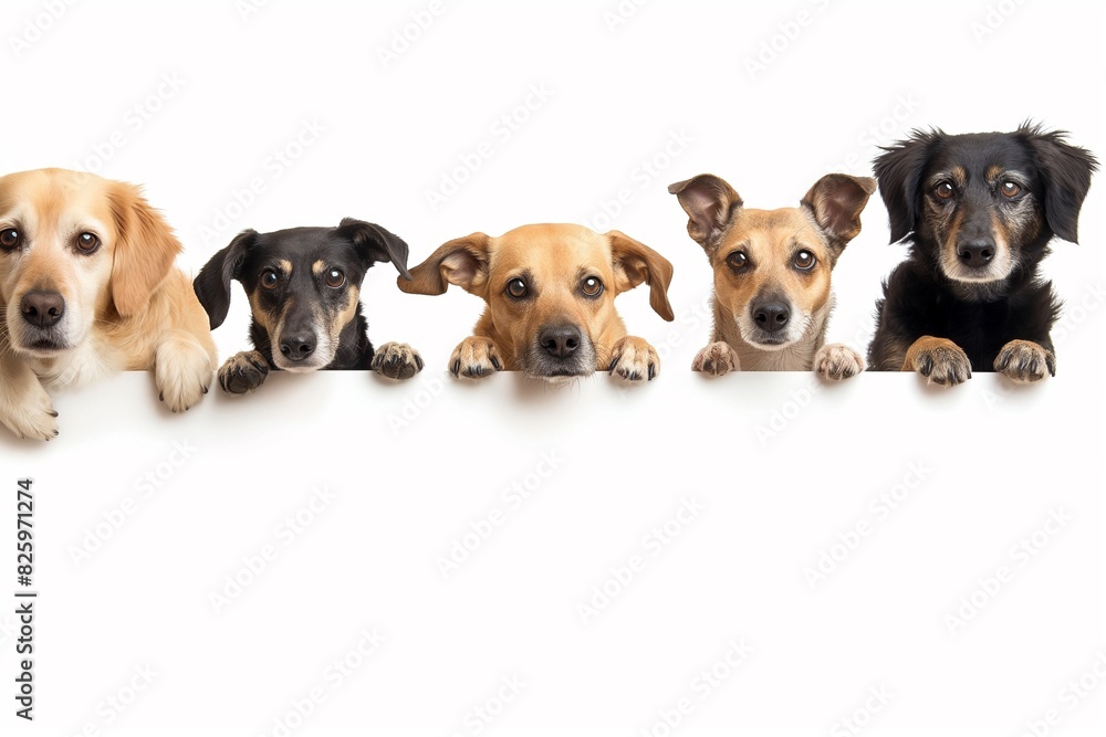 Adorable dogs sitting together, showcasing the love, joy, and happiness they bring to family life. Featuring cute dogs isolated against a white background. Horizontal. Space for copy.
