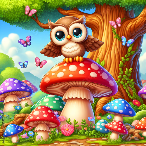 Cute owl on mushrooms cartoon