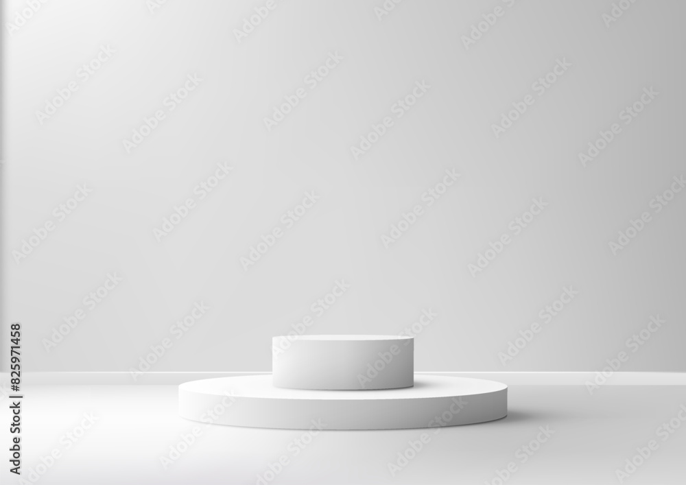 3D white podium stair with a light shines on it, against a white wall background, Minimal style 3D white podium stair with a light shines on it, against a white wall background, Minimal style