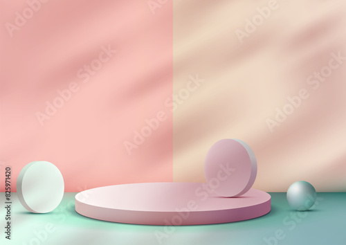 3D round pink podium with c...