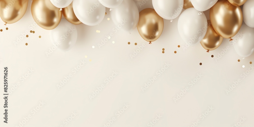 Golden and white balloons with confetti on white background Golden and white balloons with confetti on white background