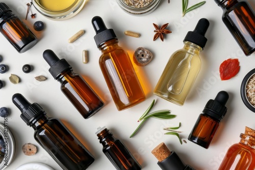 Flat lay of various serums with natural ingredients like rosehip and jojoba oil, promoting hydration and nourishment