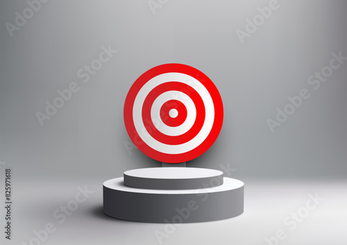 3D black and white podium with target rests on a white backgroud, business success and achievement