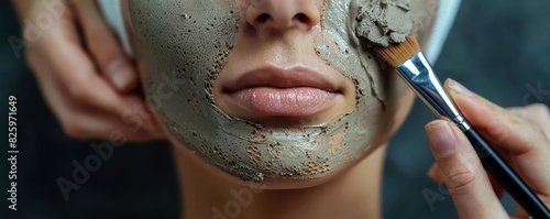 Highdefinition image of a clay mask being applied to a models face, emphasizing texture and coverage