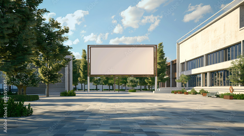 Realistic 3D render of a university campus with a blank billboard, perfect for educational ads. Realistic 3D render of a university campus with a blank billboard, perfect for educational ads.
