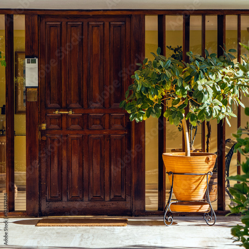 A contemporary design residential building entrance with a dark brown wooden door. Travel to Athens, Greece.