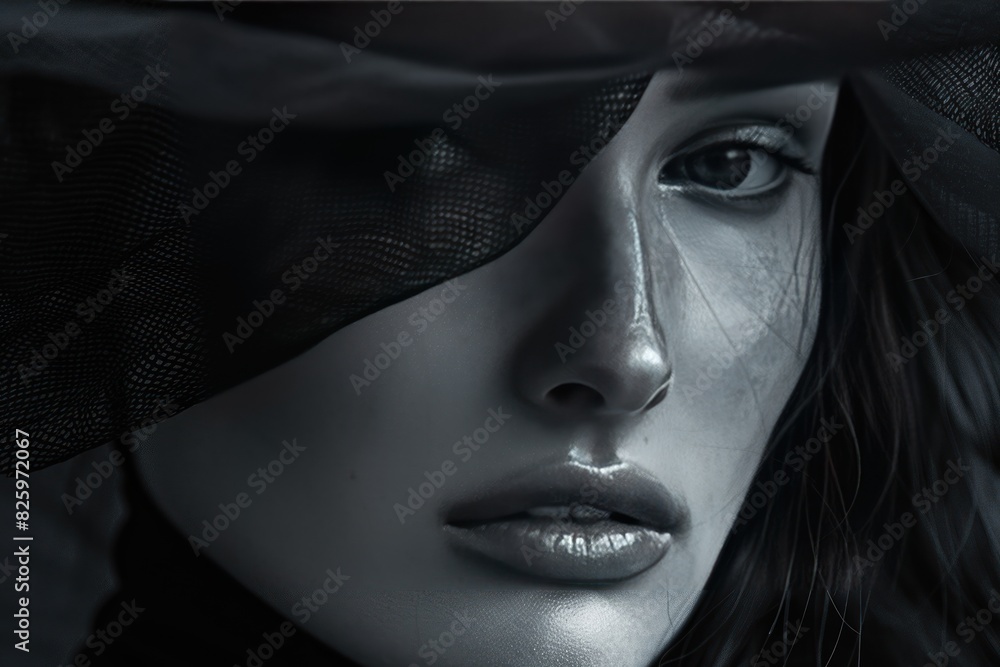 A woman with a black hat and a black veil over her face A woman with a black hat and a black veil over her face