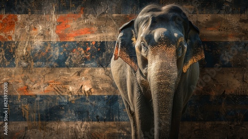 Majestic elephant standing against a weathered, painted wall, showcasing strength and serenity in a beautifully artistic setting. photo