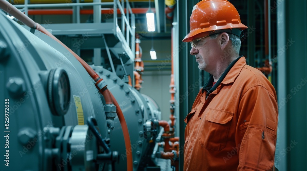 An engineer in a red uniform and helmet is inspecting large machinery in an industrial facility. Pipes and equipment surround him as he focuses on his task. An engineer in a red uniform and helmet is inspecting large machinery in an industrial facility. Pipes and equipment surround him as he focuses on his task.