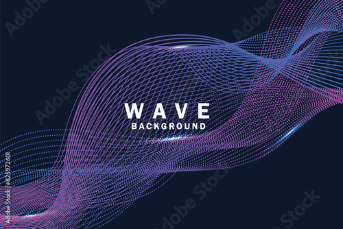 Dark abstract background with glowing wave. Shiny moving lines design element. Modern purple blue gradient flowing wave lines