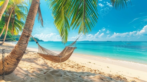 Tropical beach panorama as summer relax landscape with beach swing or hammock hang on palm tree over white sand sea beach banner. Amazing beach vacation summer holiday concept.