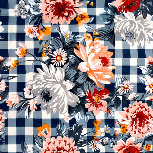 Floral pattern with colorful flowers and blue checkered background, perfect for seamless designs and decoration, providing a lively and classic aesthetic
