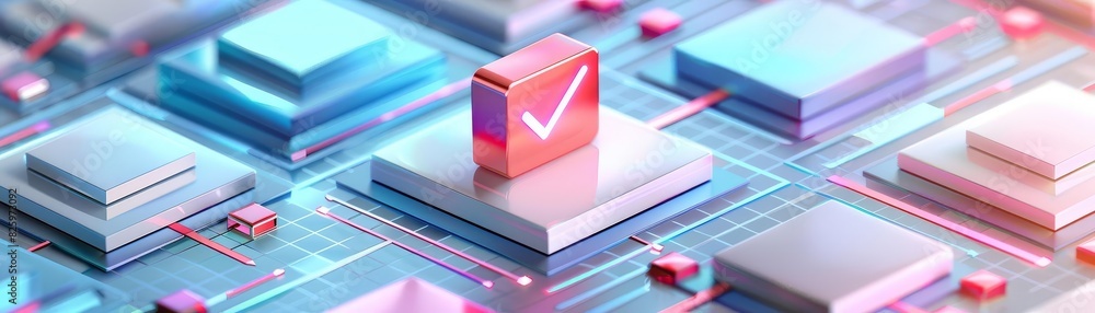 digital checkmark icon on vibrant circuit board, representing technology and verification in futuristic setting. digital checkmark icon on vibrant circuit board, representing technology and verification in futuristic setting.
