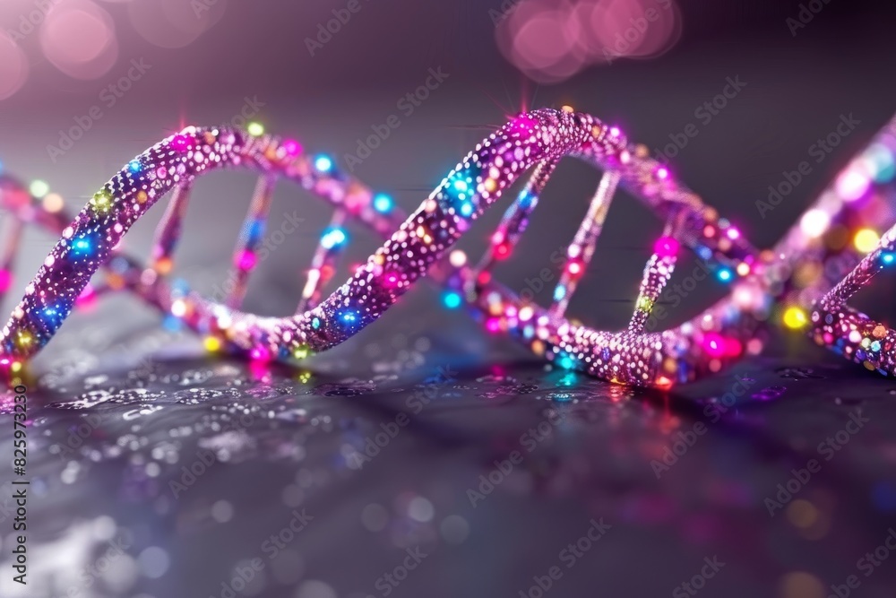 Glittering pink DNA strands cascading over a reflective surface, mirroring the elegance and complexity of genetic codes Glittering pink DNA strands cascading over a reflective surface, mirroring the elegance and complexity of genetic codes