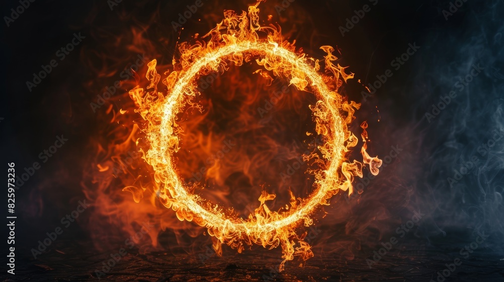 Brightly burning ring of fire, forming a perfect circle, solid black background, creating a dramatic contrast Brightly burning ring of fire, forming a perfect circle, solid black background, creating a dramatic contrast