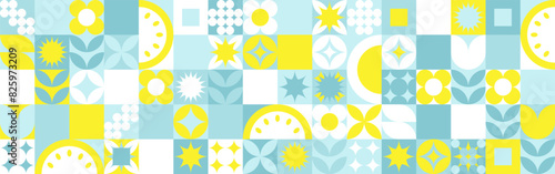 Seamless geometric summer background from flowers ornament, bright textiles and wallpaper. Daisies and bells in yellow and blue sunny shades for packaging goods and gifts.