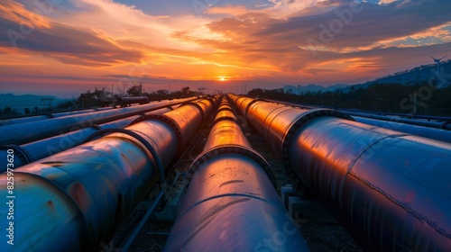 Large industrial pipelines stretch across a rural area, with a vivid sunset casting warm light over the scene. photo