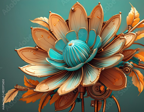 streampunk mechanical flower in teal and orange background