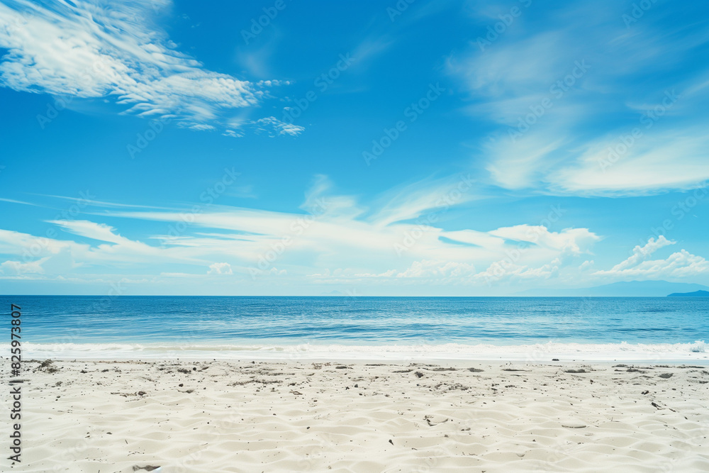 Fototapeta premium Sunlit Beach with Blue Sky and Ocean View