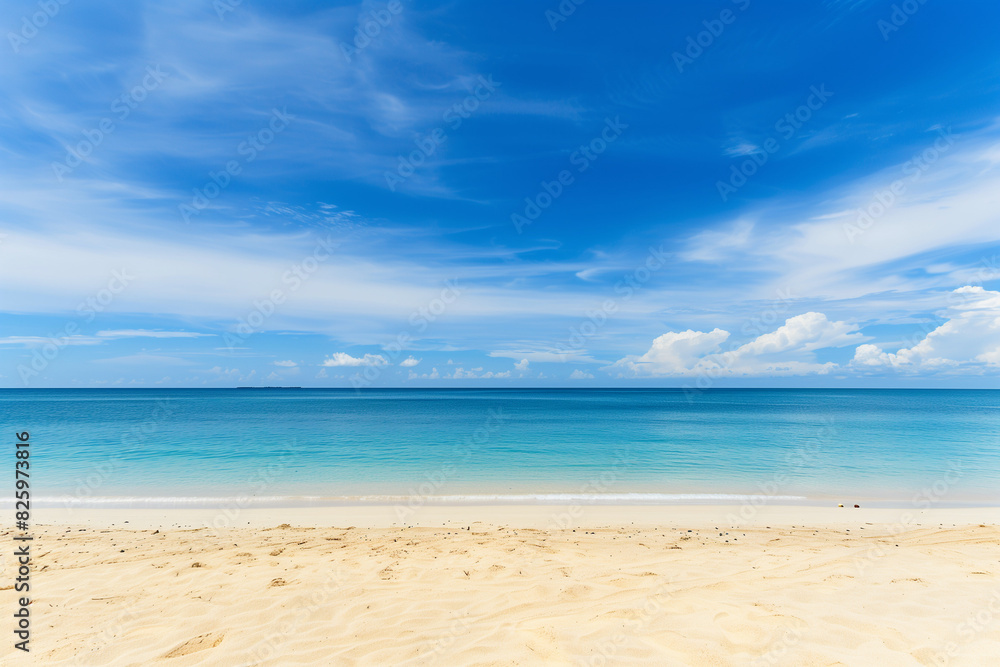 Fototapeta premium Sunlit Beach with Blue Sky and Ocean View