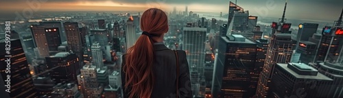 Person overlooking a city skyline at dusk with a stunning panoramic view of skyscrapers and a hazy horizon, evoking a sense of mystery and wonder.