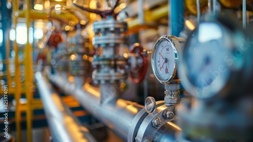 A detailed view of pressure gauges, pipes, and valves in an operational industrial facility illuminated by daylight, highlighting mechanical engineering and manufacturing processes.