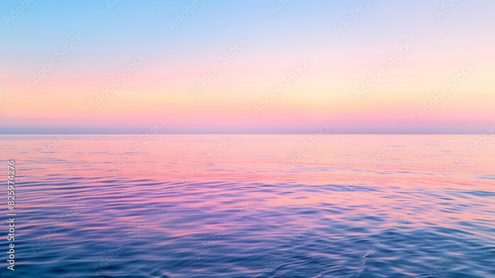 a serene seascape at dawn, with soft pastel colors reflecting off the calm waters