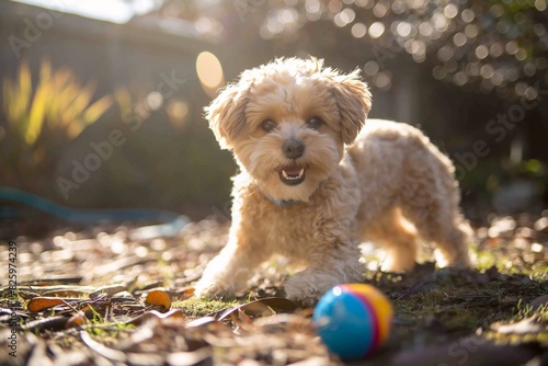 A dog playing with a colourful toy outside in a vibrant, sunlit yard or garden. Horizontal. Space for copy.
