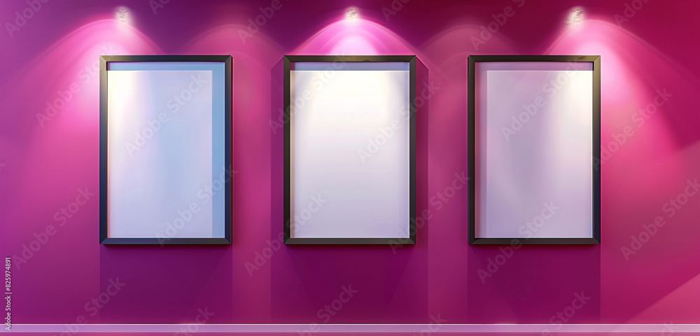 Bold contemporary gallery with three blank frames on a bright magenta wall, subtle spotlighting, 3D rendering Bold contemporary gallery with three blank frames on a bright magenta wall, subtle spotlighting, 3D rendering