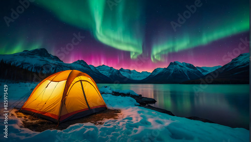 A glowing tent by a calm tranquil lake with the beautiful northern lights dancing in the sky